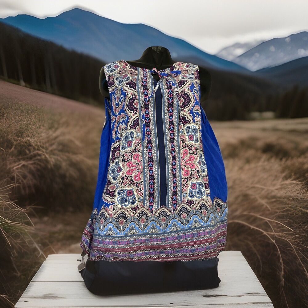 Cynthia Rowley Womens 2x Paisley Smocked  Tank Blouse‎ Blue Boho